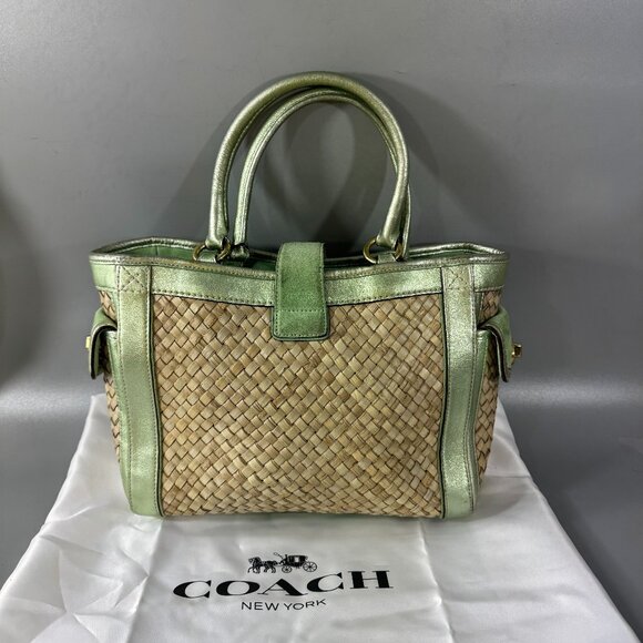 Coach # 4419 Natural Straws Seafoam Suede Leather Trim Buckle Closure Tote Bag - Picture 5 of 13